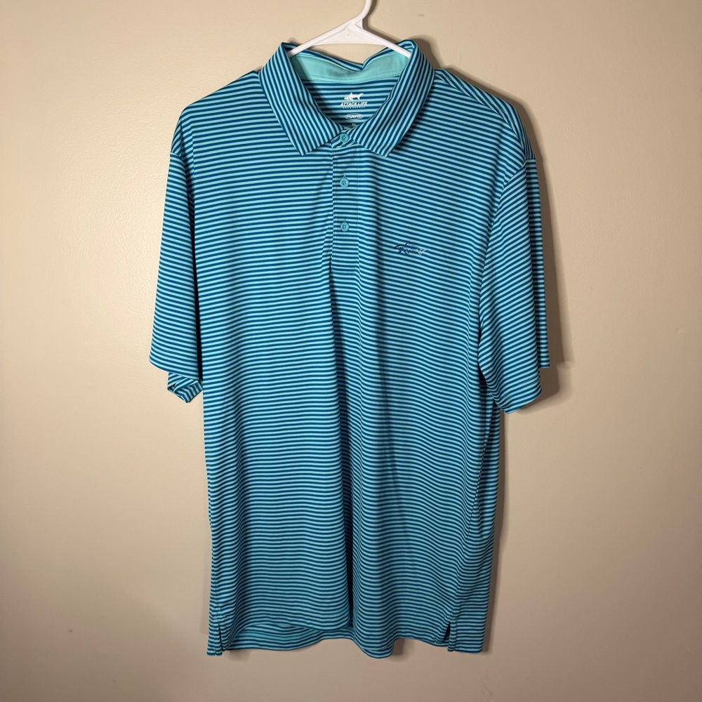 Greg Norman Play Dry Teal Striped blue Golf Polo Shirt Men’s Size XL Shark Logo